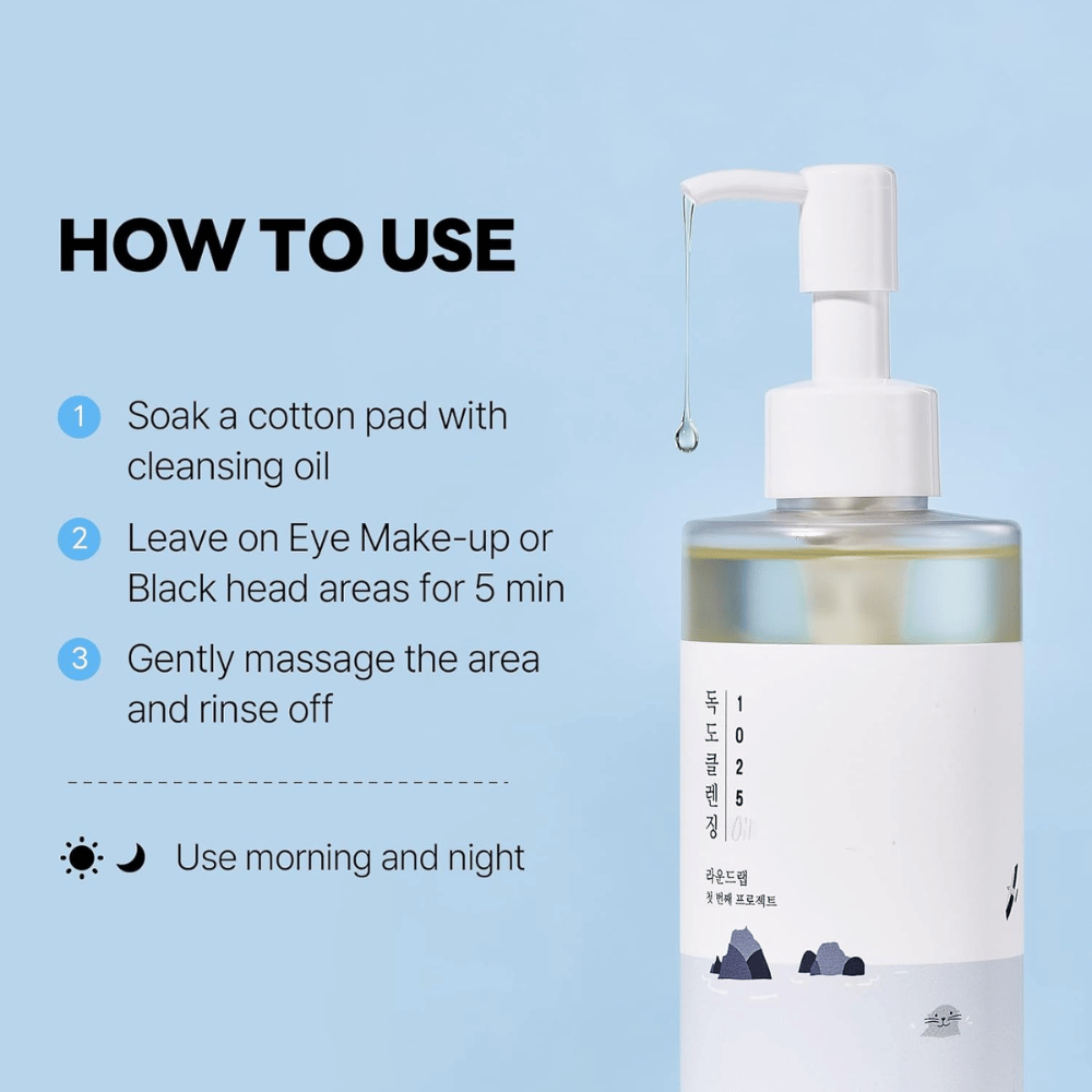 Round Lab 1025 Dokdo Cleansing Oil che scioglie efficacemente trucco, protezione solare e impurità con una texture oleosa leggera e idratante