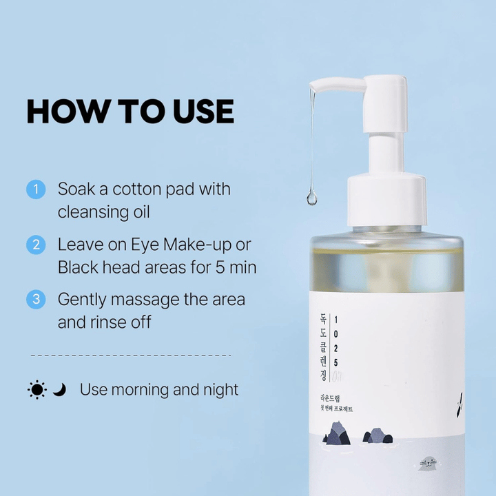 Round Lab 1025 Dokdo Cleansing Oil che scioglie efficacemente trucco, protezione solare e impurità con una texture oleosa leggera e idratante