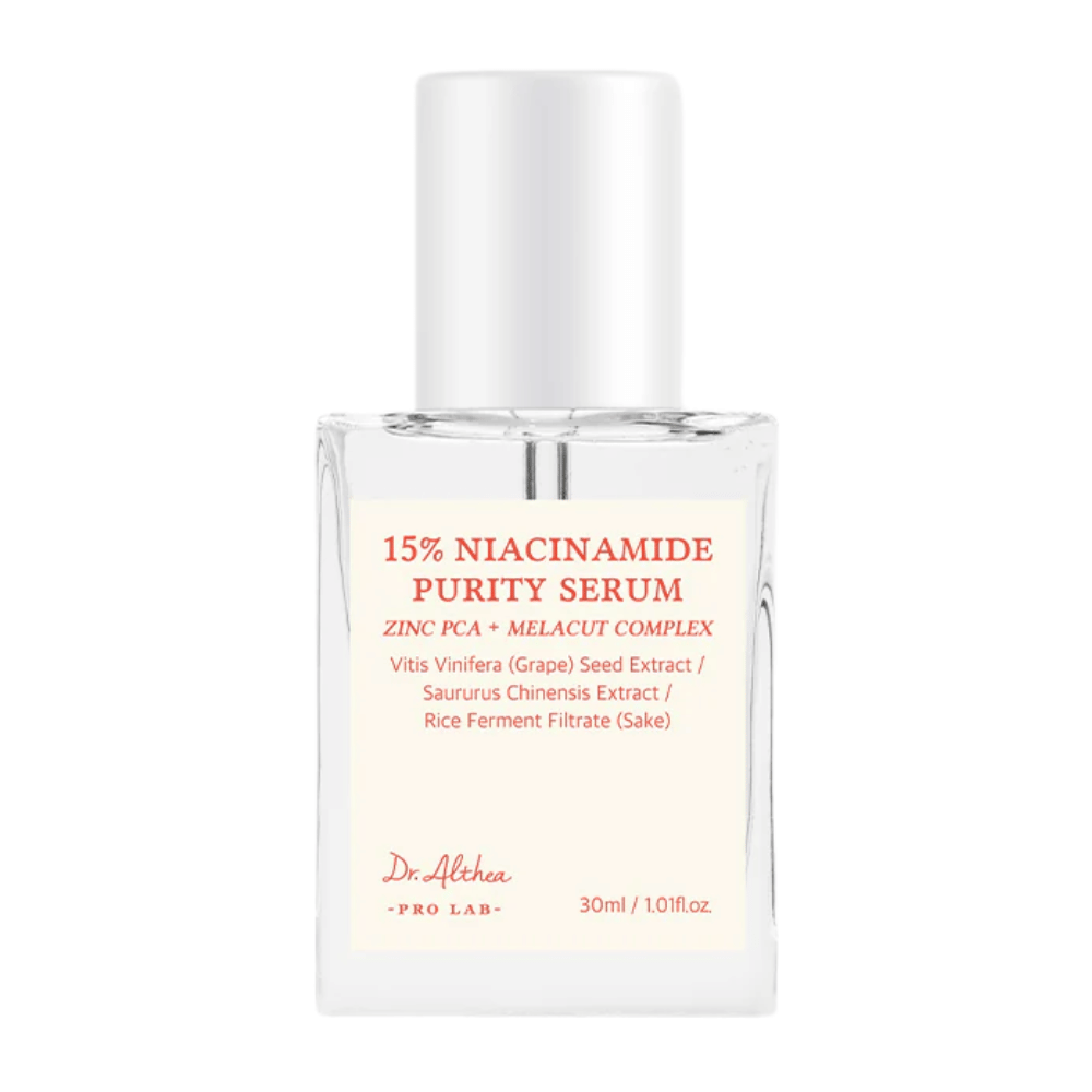 Dr. Althea 15% Niacinamide Purity Serum è un siero avanzato che combina il 15% di niacinamide con Zinc PCA e MELACUT COMPLEX per illuminare, ridurre i pori e migliorare la texture della pelle. Perfetto per un incarnato radioso e uniforme.