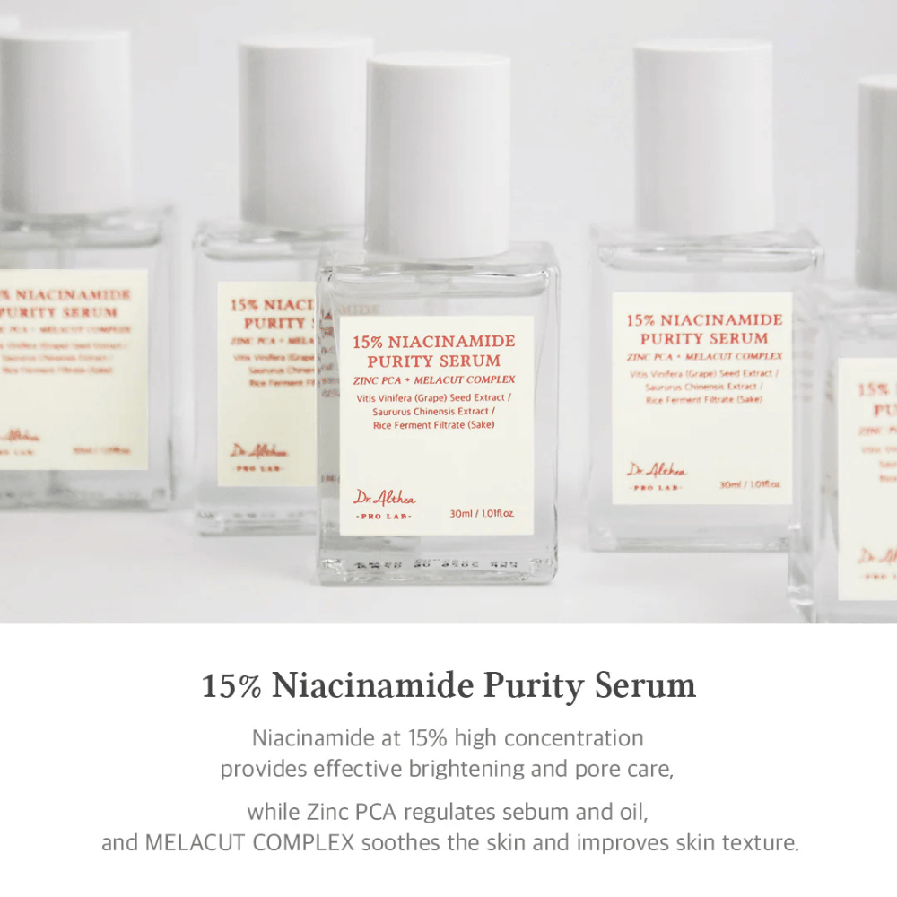 Dr. Althea 15% Niacinamide Purity Serum con alta concentrazione di niacinamide per una pelle più luminosa e riduzione dei pori. Contiene Zinc PCA per la regolazione del sebo e MELACUT COMPLEX per calmare la pelle e migliorare la texture. Confezione elegante per un'impressione professionale.
