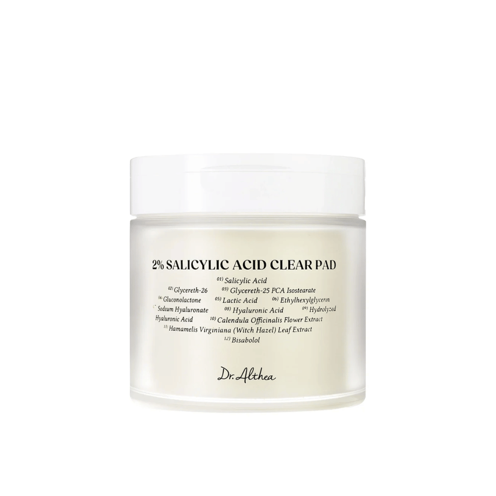 Immagine del prodotto di Dr. Althea 2% Salicylic Acid Clear Pad su sfondo bianco. Pads esfolianti per pelle soggetta ad acne e grassa con acido salicilico e ingredienti lenitivi.