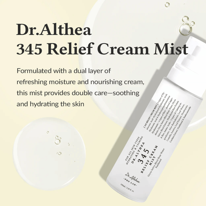 Immagine del prodotto di Dr. Althea 345 Relief Cream Mist con descrizione della formula calmante e idratante che offre una doppia cura della pelle in un solo passaggio spray.