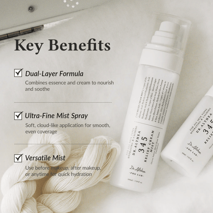 Dr. Althea 345 Relief Cream Mist con focus sui benefici come formula a doppio strato, mist ultrafine e uso versatile per un'idratazione rapida e uniforme.