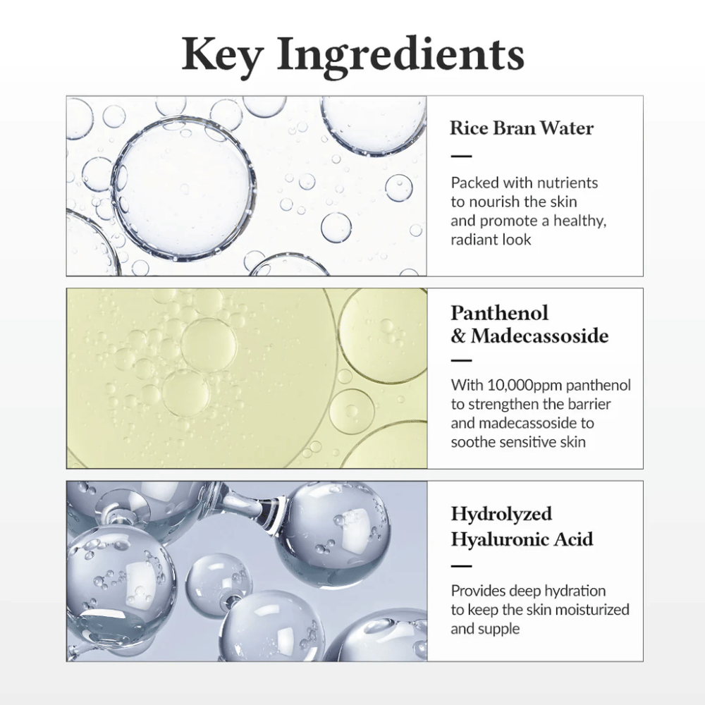 Ingredienti chiave in Dr. Althea 345 Relief Cream Mist, con acqua di riso, pantenolo, madecassoside e acido ialuronico idrolizzato che rafforzano la barriera cutanea e forniscono un'idratazione profonda.