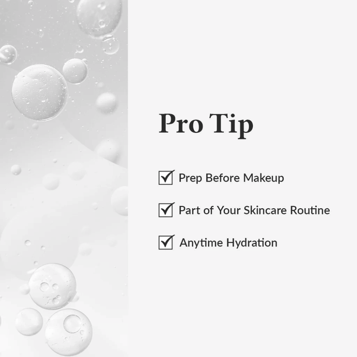 Grafica Pro Tip che mostra come Dr. Althea 345 Relief Cream Mist viene utilizzata per l'idratazione prima del trucco, come parte della routine di cura della pelle o in qualsiasi momento della giornata.