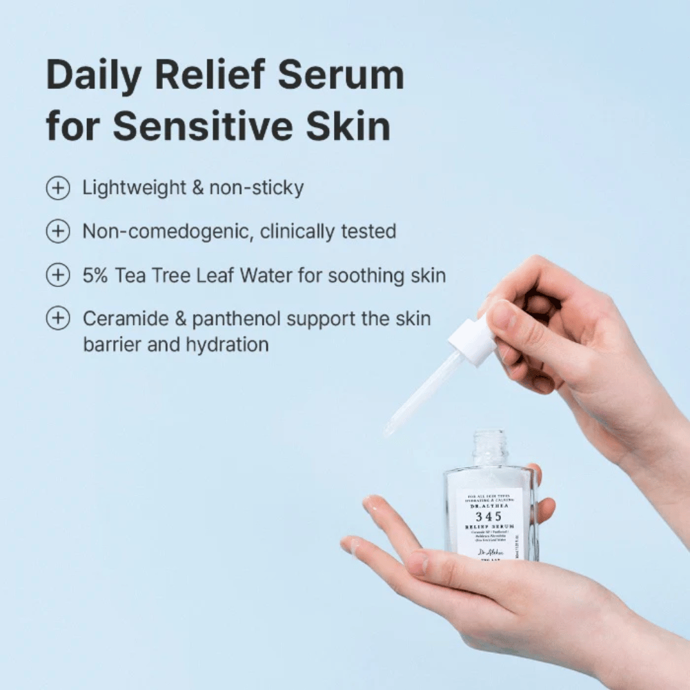 Dr. Althea 345 Relief Serum con ceramidi, pantenolo e acqua di tea tree per pelli sensibili e un'idratazione a lunga durata.
