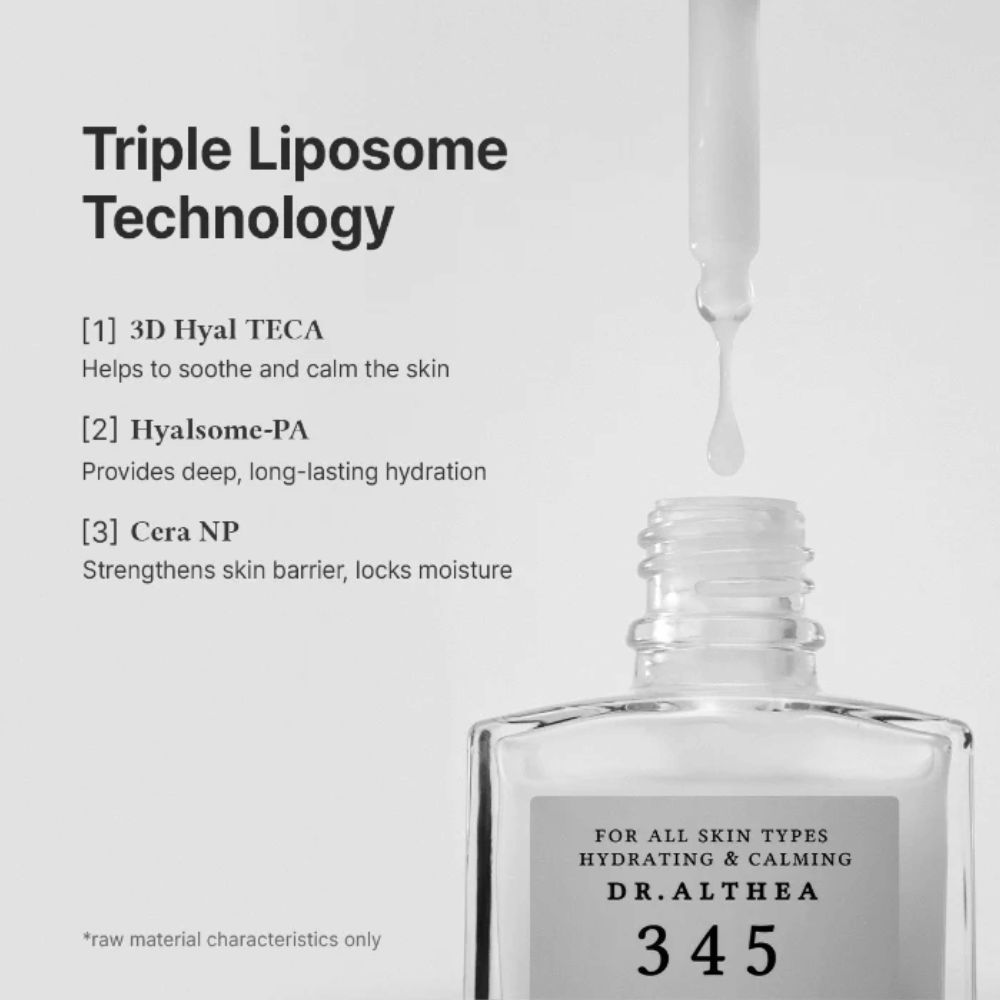 Dr. Althea 345 Relief Serum con tecnologia a triplo liposoma, ceramidi e acido ialuronico per un'idratazione intensa e un effetto lenitivo.