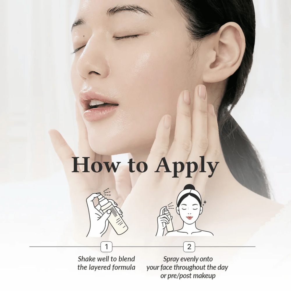 Come applicare Dr. Althea 345 Relief Cream Mist, dove la modella spruzza il viso per un'idratazione uniforme prima e dopo il trucco con una mist finemente nebulizzata.