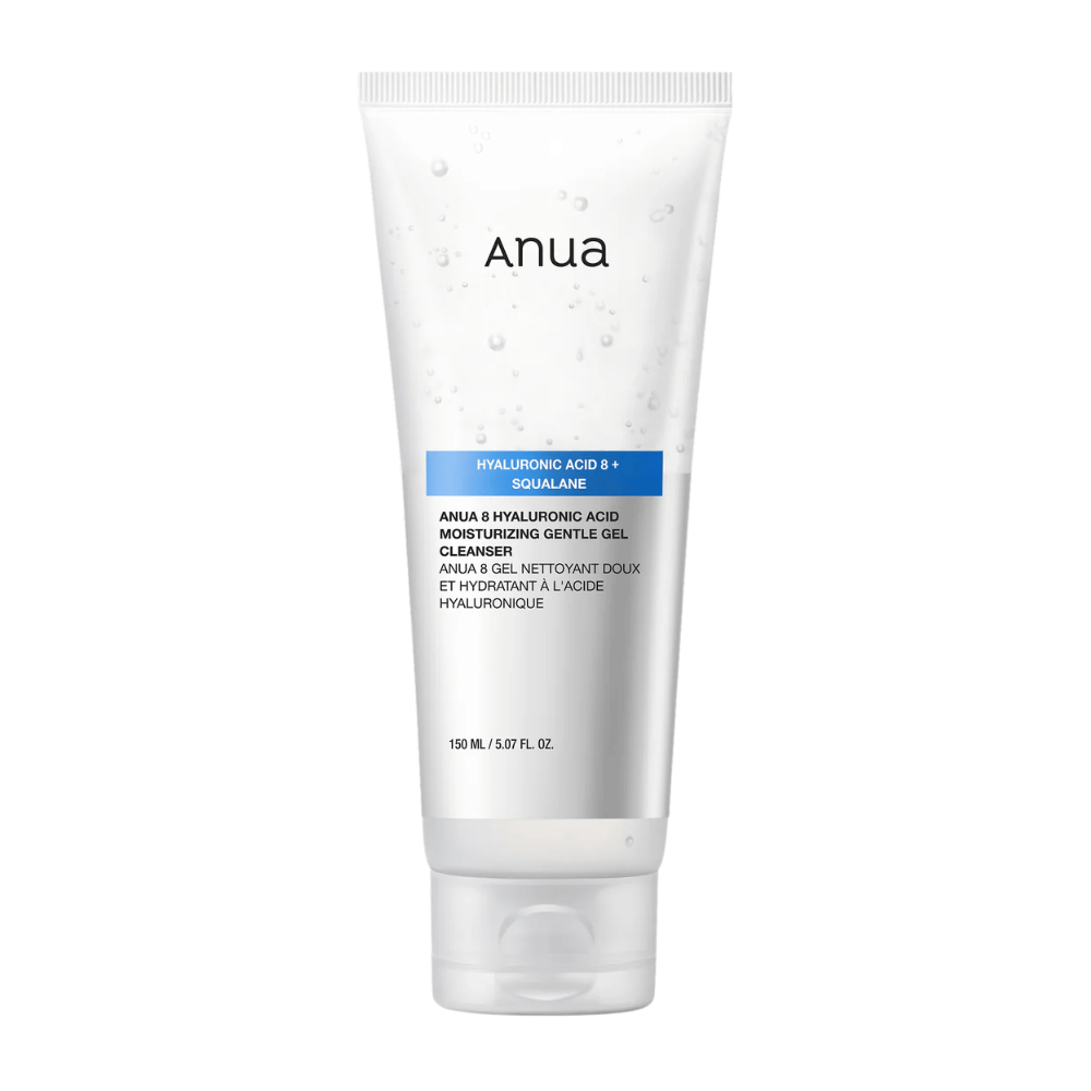 Immagine del prodotto su Anua 8 Hyaluronic Acid Moisturizing Gentle Gel Cleanser in tubo bianco. Detergente delicato in gel che rafforza la barriera idratante della pelle e dona una pelle morbida ed equilibrata.