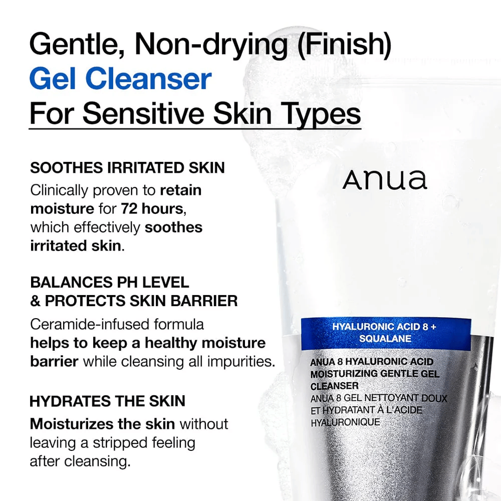 Anua 8 Hyaluronic Acid Moisturizing Gentle Gel Cleanser con testo che evidenzia le caratteristiche del prodotto: idrata per 72 ore, bilancia il pH e protegge la barriera cutanea.