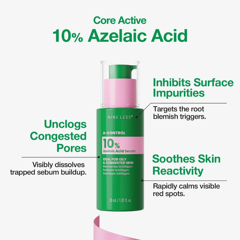NINELESS Il siero A-Control con 10% di acido azelaico aiuta a contrastare pori ostruiti, imperfezioni e rossore visibile.