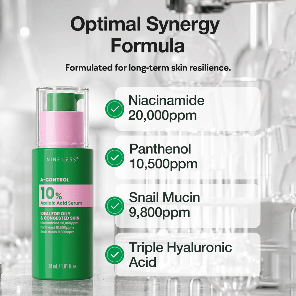 NINELESS A-Control 10% Azelaic Acid Serum con niacinamide, pantenolo, bava di lumaca e acido ialuronico per una pelle equilibrata e idratata.
