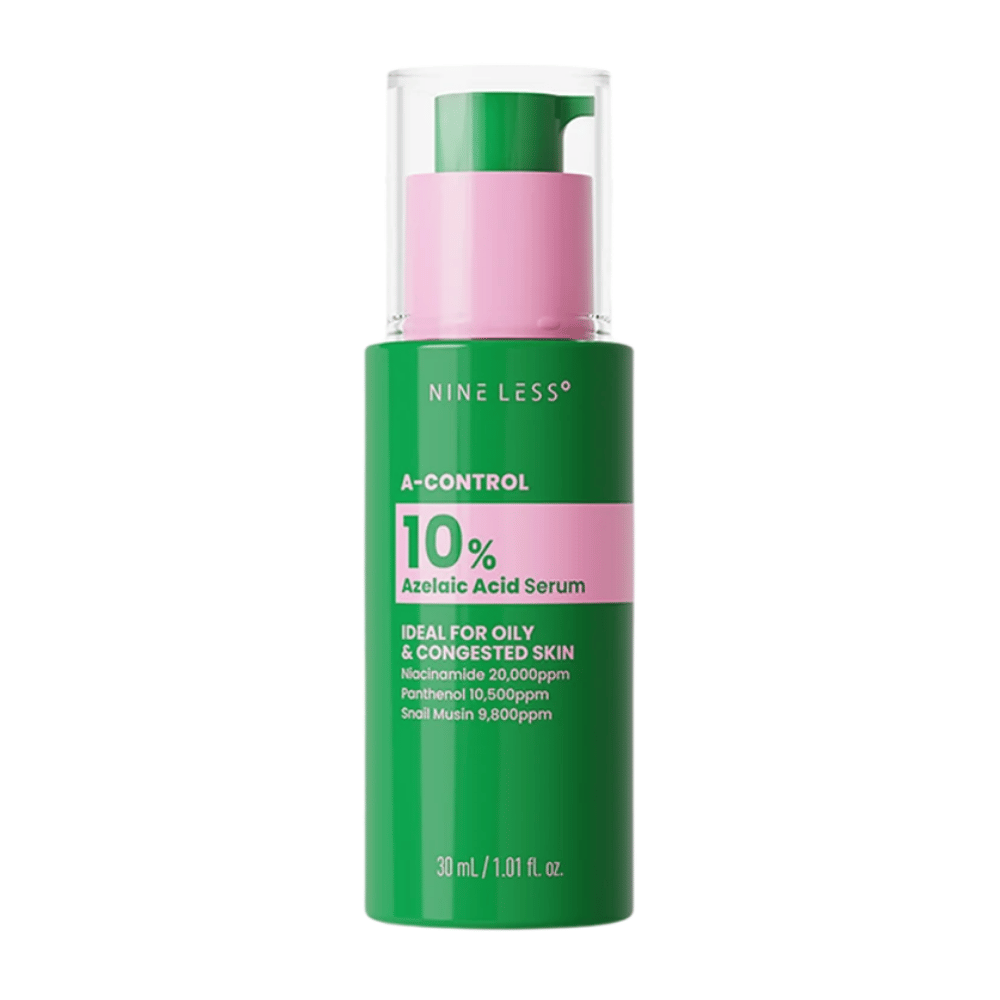 NINELESS A-Control 10% Azelaic Acid Serum 30 ml in flacone verde con pompa per pelle grassa e ostruita.