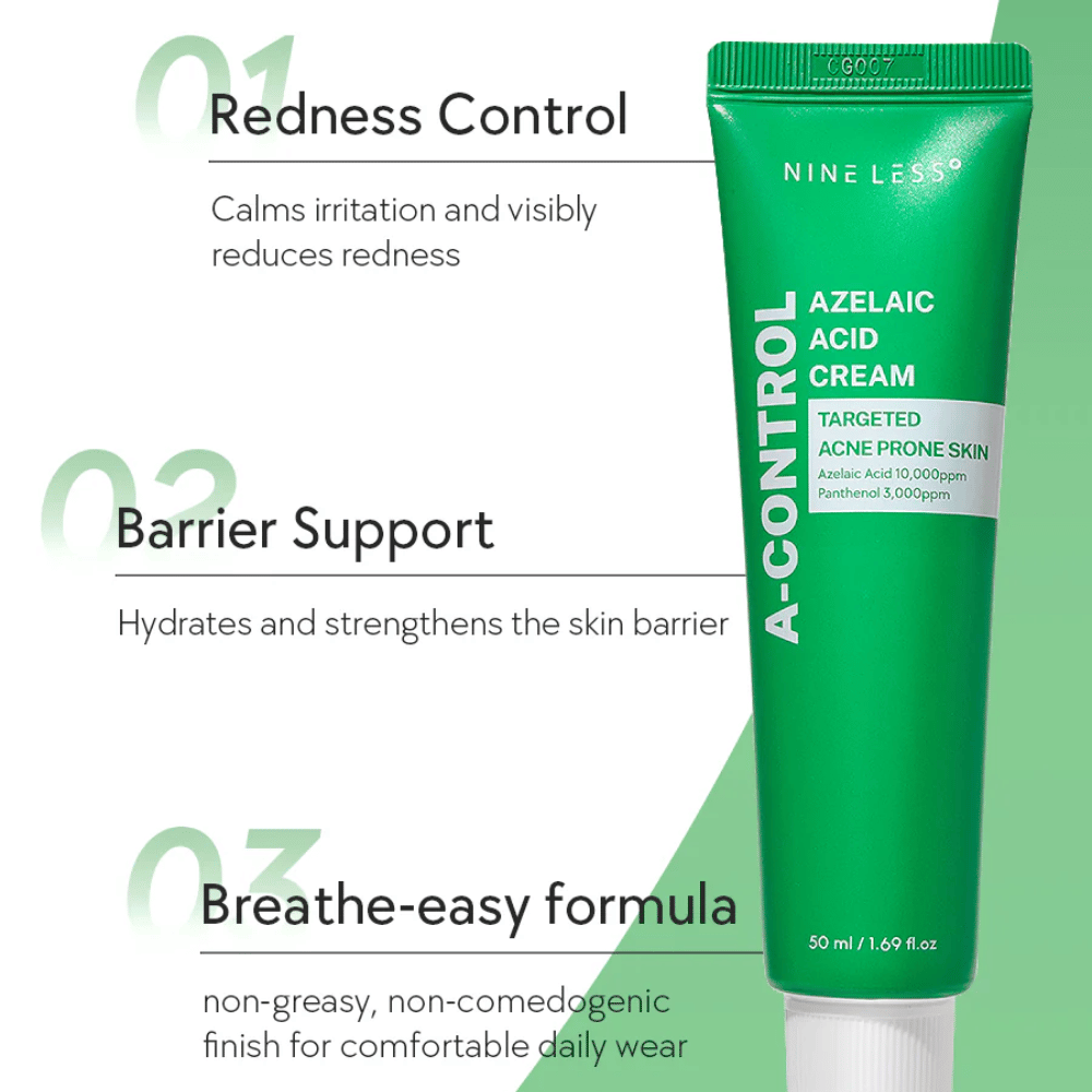 NINELESS A-Control Azelaic Acid Cream – crema viso coreana con acido azelaico che aiuta a ridurre il rossore, rafforzare la barriera cutanea e dare una finitura leggera e non grassa.