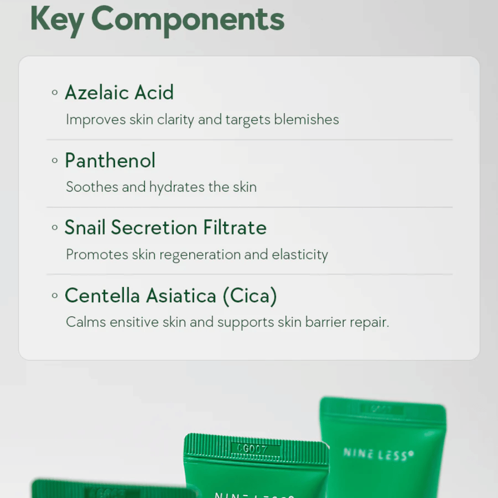NINELESS A-Control Azelaic Acid Cream ingredienti – crema viso con acido azelaico, pantenolo, bava di lumaca e Centella Asiatica che aiutano a calmare la pelle e migliorare la chiarezza della pelle.