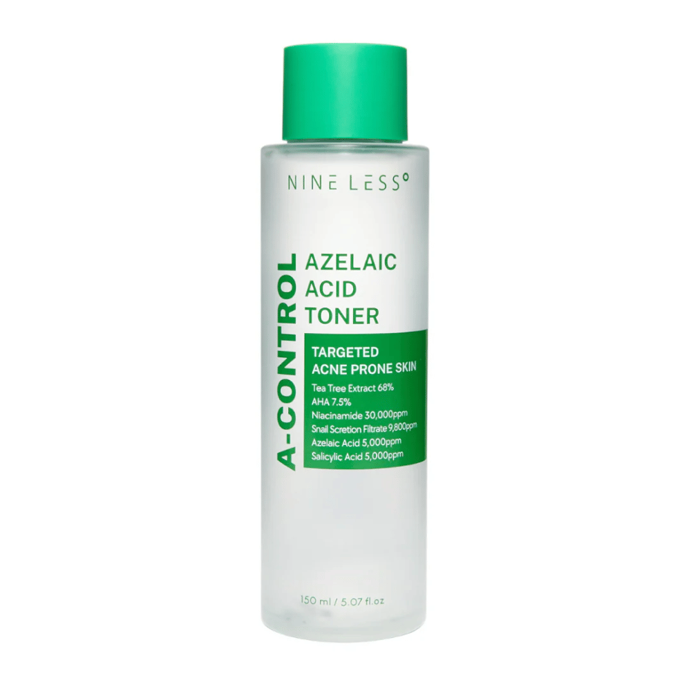 Immagine del prodotto di Nine Less A-Control Azelaic Acid Toner 150 ml in bottiglia trasparente con etichetta verde e tappo verde.