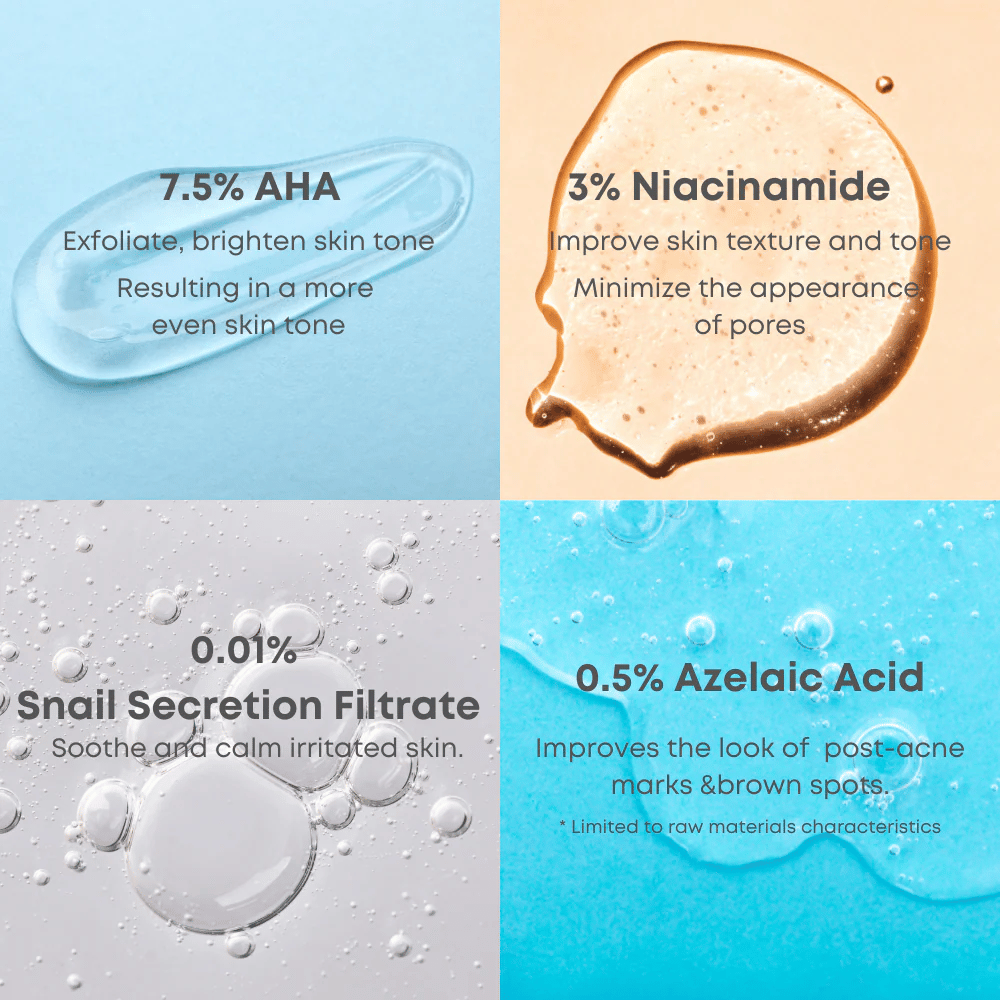 Primo piano di gocce di siero che illustrano gli ingredienti chiave del tonico: 7.5% AHA, 3% niacinamide, filtrato di secrezione di lumaca e 0.5% acido azelaico.