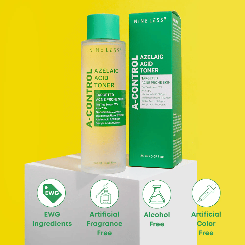 Bottiglia e confezione di Nine Less A-Control Azelaic Acid Toner su sfondo giallo con icone verdi che evidenziano ingredienti EWG, senza alcol, profumo e coloranti.