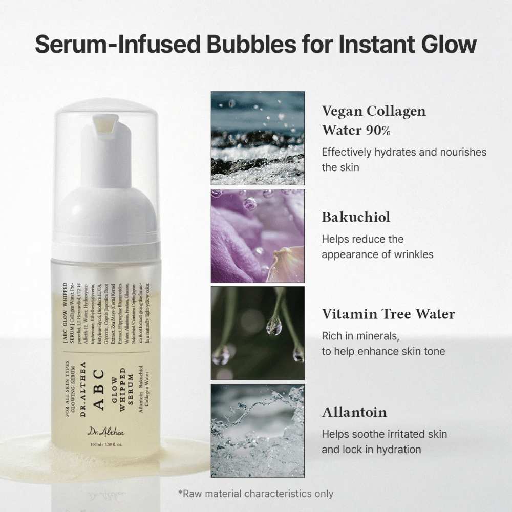 Immagine – ingredienti (EEAT + ranking)
Dr. Althea ABC Glow Whipped Serum con collagene vegano, bakuchiol, vitamin tree water e allantoina che idratano, leniscono e migliorano la struttura della pelle.