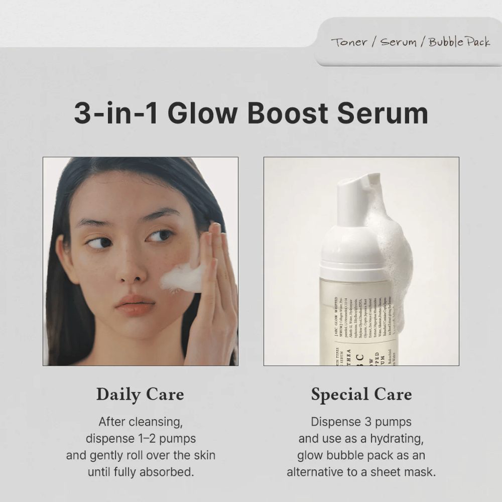 Immagine – utilizzo (quotidiano vs trattamento speciale)
Dr. Althea ABC Glow Whipped Serum si usa come siero quotidiano o come bubble mask idratante per un glow extra e una skincare intensiva.