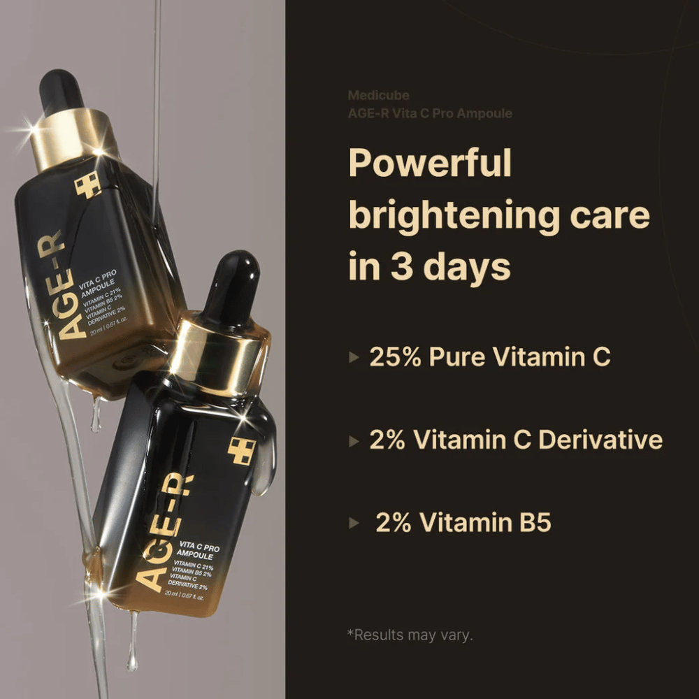 Immagine di Medicube Age-R Vita C Pro Ampoule che evidenzia l'effetto illuminante del prodotto in 3 giorni. Il prodotto contiene il 25% di vitamina C pura, il 2% di derivato della vitamina C e il 2% di vitamina B5. Le bottiglie sono presentate con dettagli dorati e un contagocce per l'applicazione.