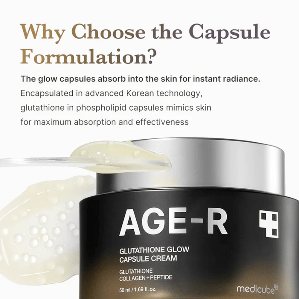 Medicube Age-R Glutathione Glow Capsule Cream è commercializzato con una spiegazione dei benefici della formulazione in capsule. Le capsule di glutatione vengono assorbite rapidamente nella pelle per una luminosità immediata, grazie alla tecnologia avanzata coreana che imita i meccanismi della pelle per un effetto massimo.