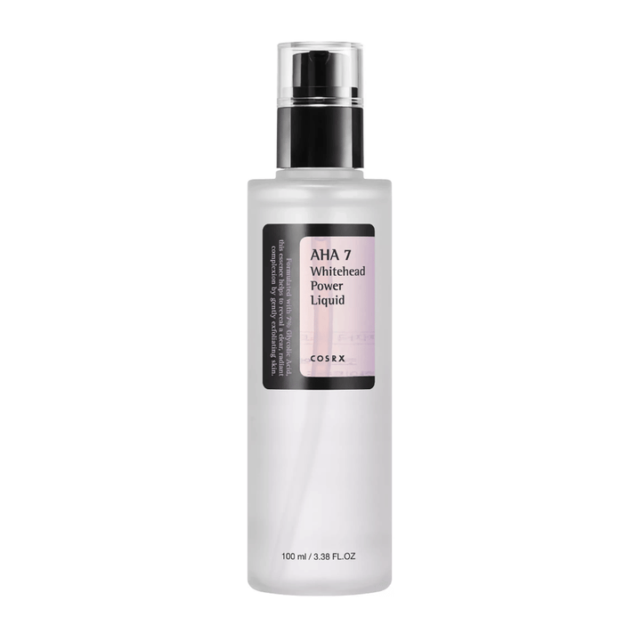 COSRX AHA 7 Whitehead Power Liquid bottiglia 100 ml, esfoliazione efficace con il 7% di acido glicolico contro i punti bianchi e il tono della pelle irregolare.