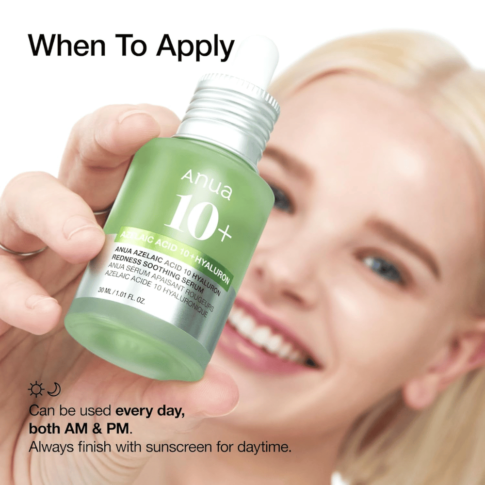 ANUA Azelaic Acid 10+ Hyaluron è un siero lenitivo che riduce il rossore e idrata la pelle. Perfetto per l'uso quotidiano sia al mattino che alla sera. Contiene acido azelaico e acido ialuronico per bilanciare e rafforzare la barriera della pelle. Usa sempre la protezione solare durante il giorno.