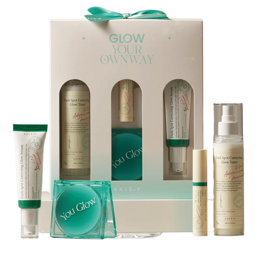 AXIS-Y Glow Your Own Way Beauty Box – un kit completo di cura della pelle vegana che riduce le macchie pigmentarie, idrata e dona luminosità. Perfetto per un incarnato più uniforme!