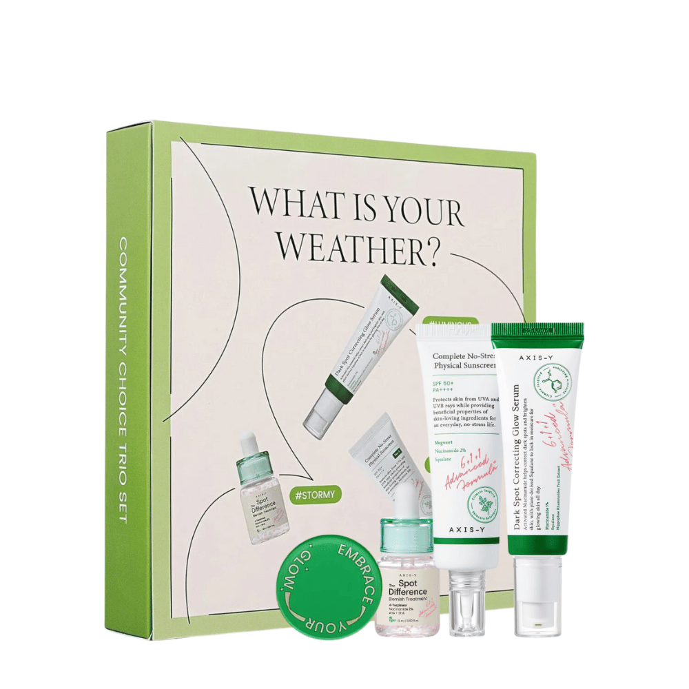 AXIS-Y "Qual è il tuo clima?" il kit per la cura della pelle in confezione verde include cinque prodotti: crema solare, crema idratante, siero, gel trattante e maschera viso, adattati a diversi tipi di pelle e climi.
