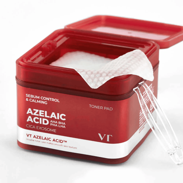 Barattolo aperto con VT Azelaic Acid Tonico viso Pad e pinzette – per un uso facile e igienico.