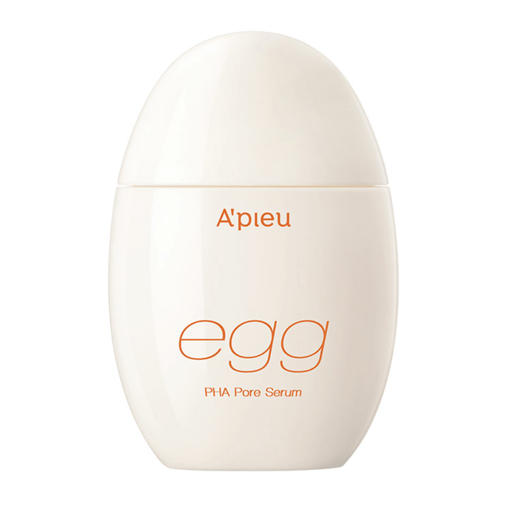 A'pieu Egg PHA Pore Serum in confezione a forma di uovo, beige con testo arancione – un siero coreano che esfolia delicatamente e minimizza i pori.