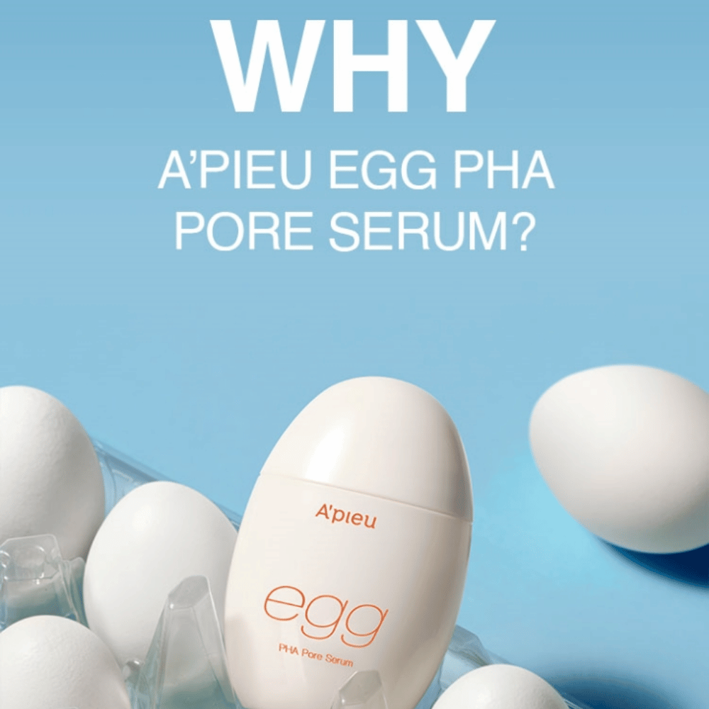 A'pieu Egg PHA Pore Serum in confezione a forma di uovo tra uova bianche in un cartone per uova – un siero coreano per pori raffinati ed esfoliazione delicata.