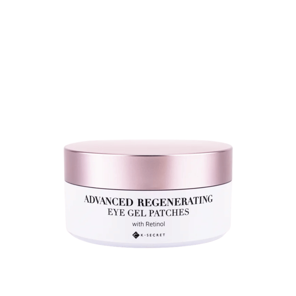 Barattolo con K-Secret Advanced Regenerating Eye Gel Patches con retinolo e coperchio rosa.