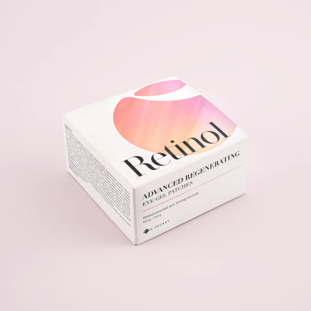 Confezione di K-Secret Advanced Regenerating Eye Gel Patches con retinolo in design bianco e rosa.