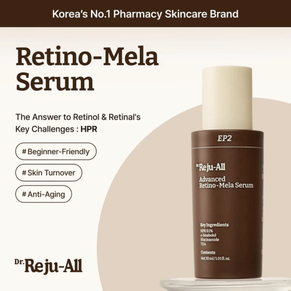Dr. Reju-All Advanced Retino-Mela Serum EP2 – alternativa al retinolo a base di HPR, più delicata del retinolo e del retinal, sviluppata per un tono della pelle più uniforme, rinnovamento della pelle e anti-età.