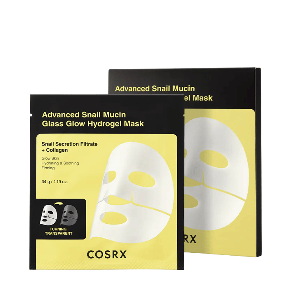 Confezione di COSRX Advanced Snail Mucin Glass Glow Hydrogel Mask – maschera idratante con secrezione di lumaca e collagene.