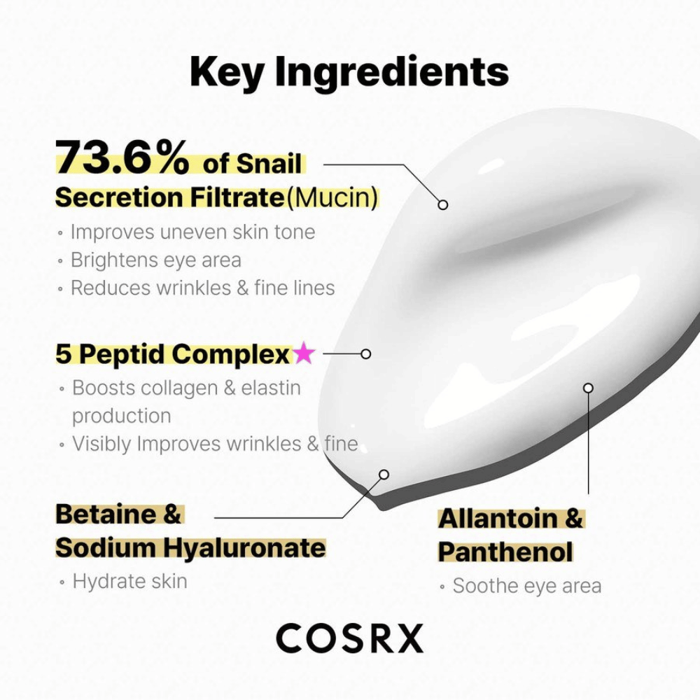 COSRX Advanced Snail Peptide Eye Cream con 73,6% di mucina di lumaca, 5 peptidi, niacinamide e acido ialuronico – idratante e anti-età contorno occhi 