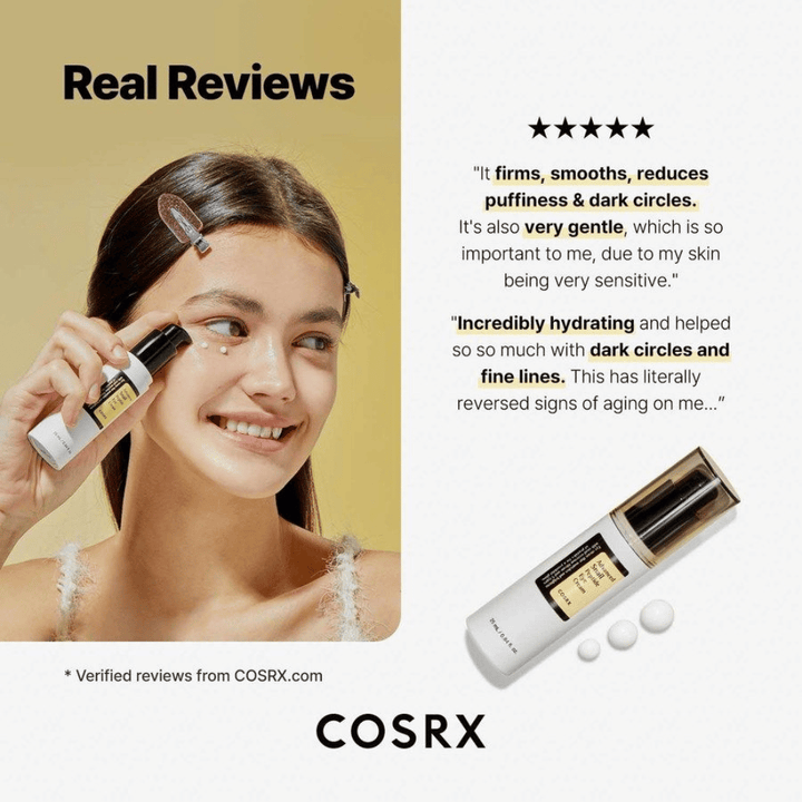 COSRX Advanced Snail Peptide Eye Cream si applica sotto gli occhi – contorno occhi  con 73,7% bava di lumaca e peptidi contro occhiaie, gonfiore e linee sottili