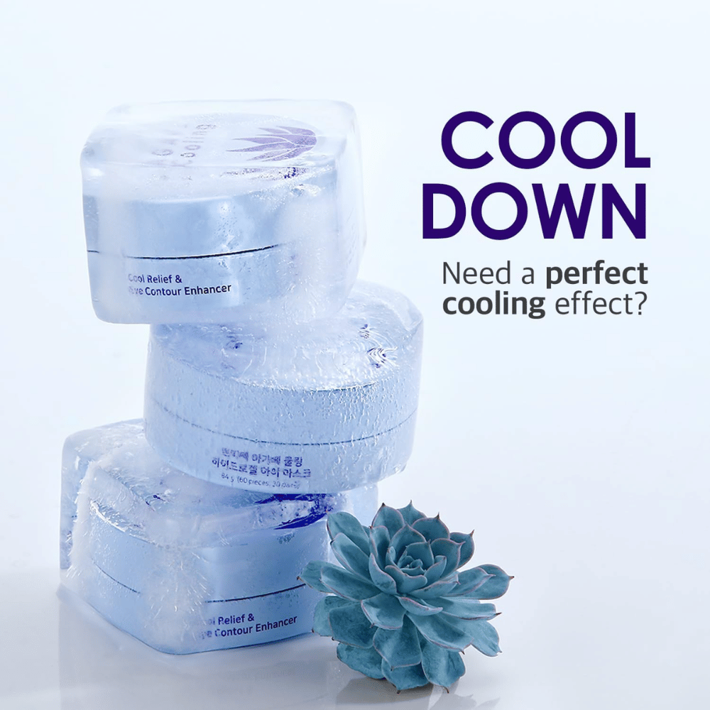 Immagine promozionale di PETITFEE Agave Cooling Hydrogel Eye Mask con tema glaciale e rinfrescante. L’immagine evidenzia l’effetto rinfrescante del prodotto e la sensazione di freschezza per gli occhi stanchi.
