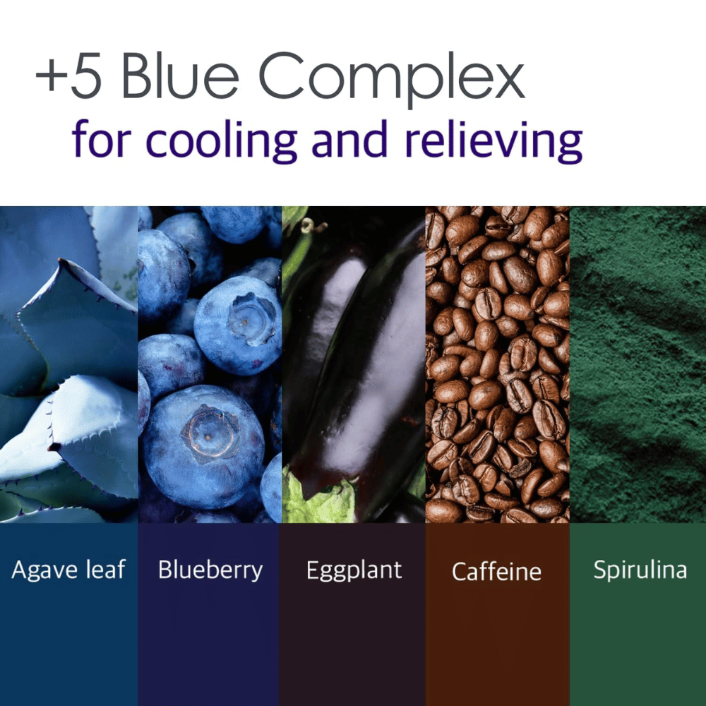 Immagine informativa sul “5 Blue Complex” con ingredienti come foglie di agave, mirtillo, melanzana, caffeina e spirulina. L’attenzione è rivolta alle proprietà rinfrescanti e lenitive per la pelle.