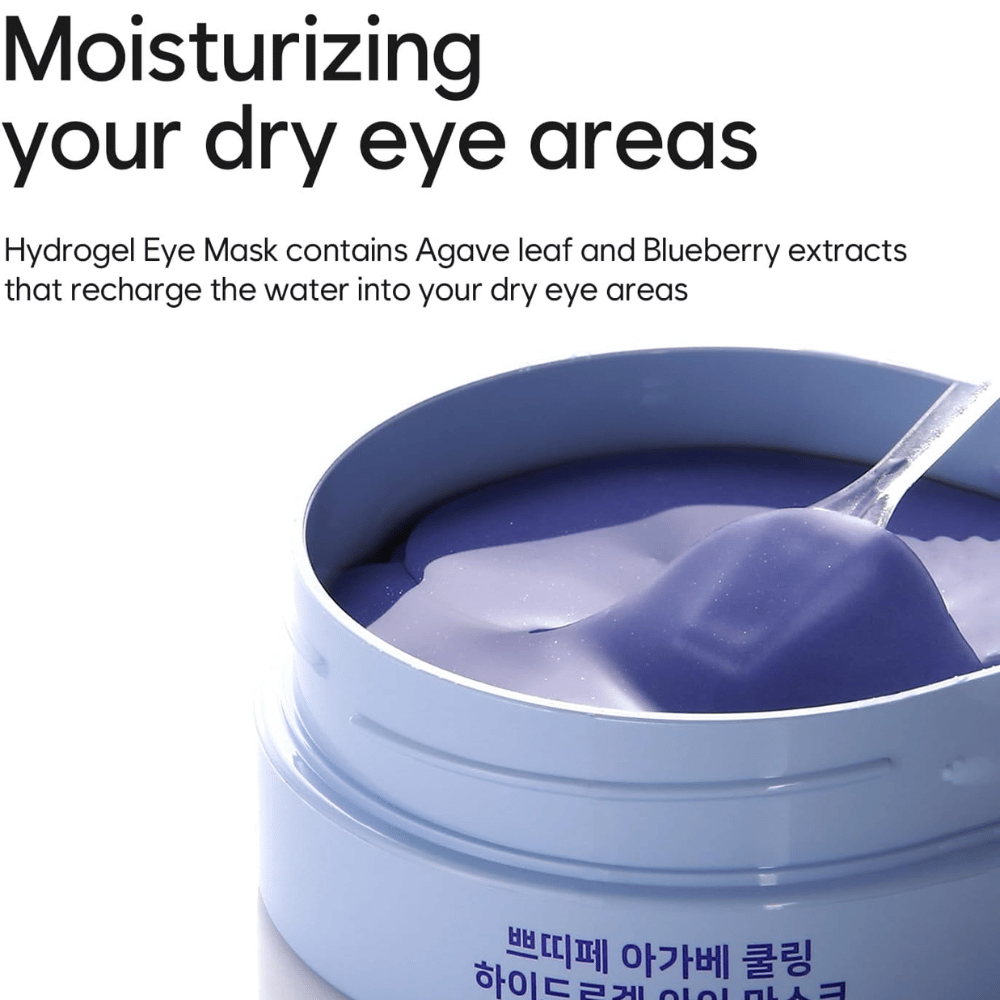 Immagine del prodotto di Agave Cooling Hydrogel Eye Mask con focus sull’idratazione delle zone secche intorno agli occhi. L’immagine mostra la formula in idrogel e la spatola inclusa.