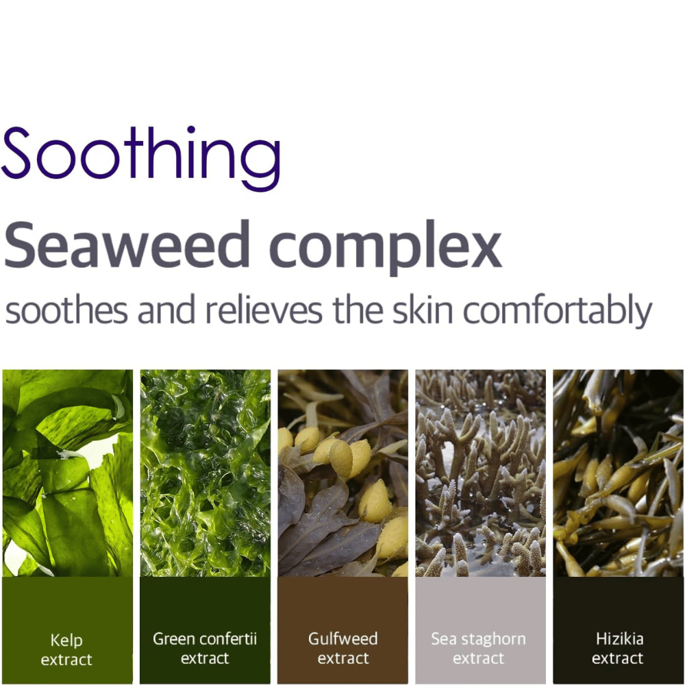 Immagine informativa sul Seaweed Complex con diverse alghe ed estratti marini che aiutano a lenire, rinfrescare e donare comfort alla pelle intorno agli occhi.