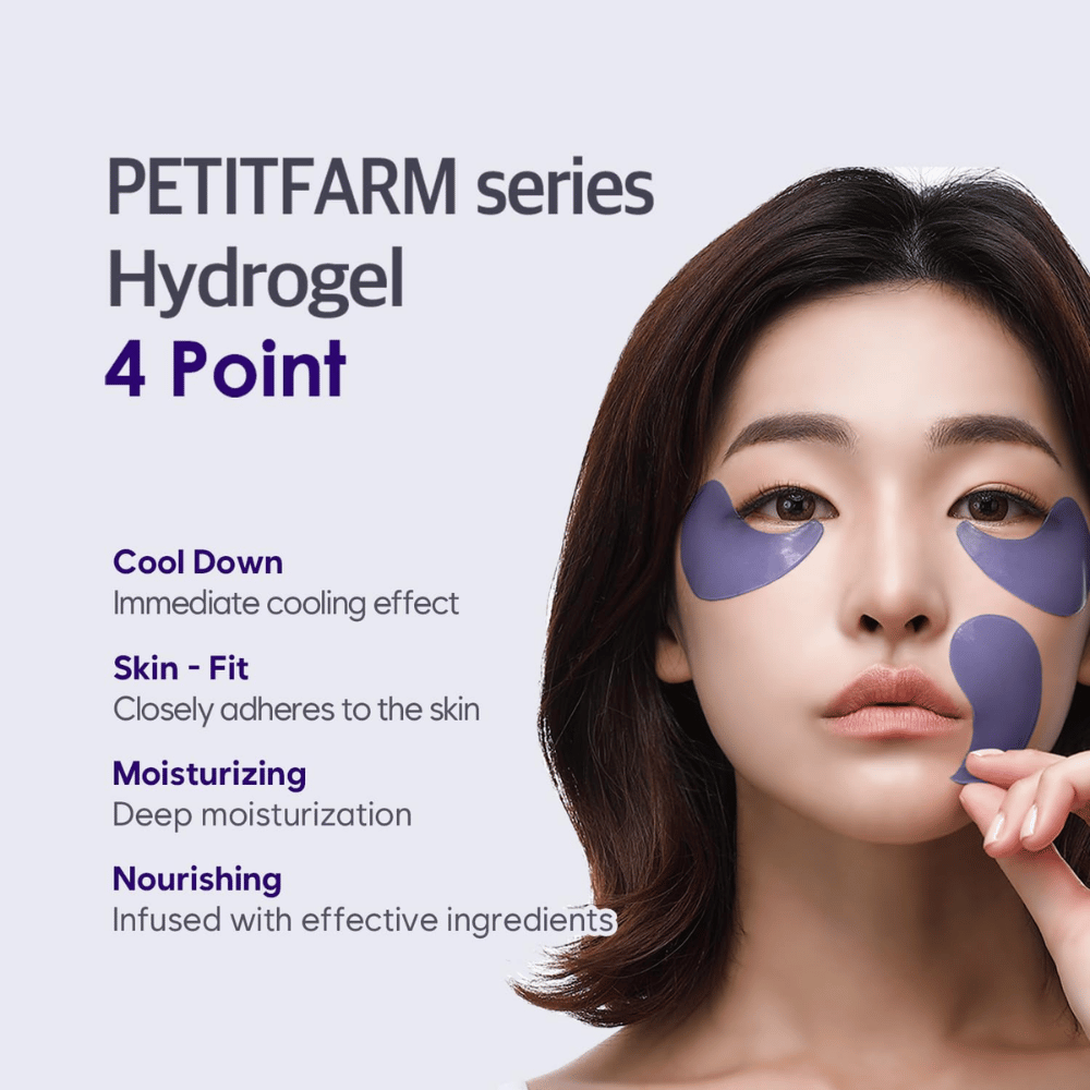 Immagine promozionale con modella che utilizza PETITFARM Hydrogel Eye Mask. L’immagine evidenzia quattro vantaggi principali: effetto rinfrescante, aderenza adatta alla pelle, idratazione profonda e ingredienti nutrienti.