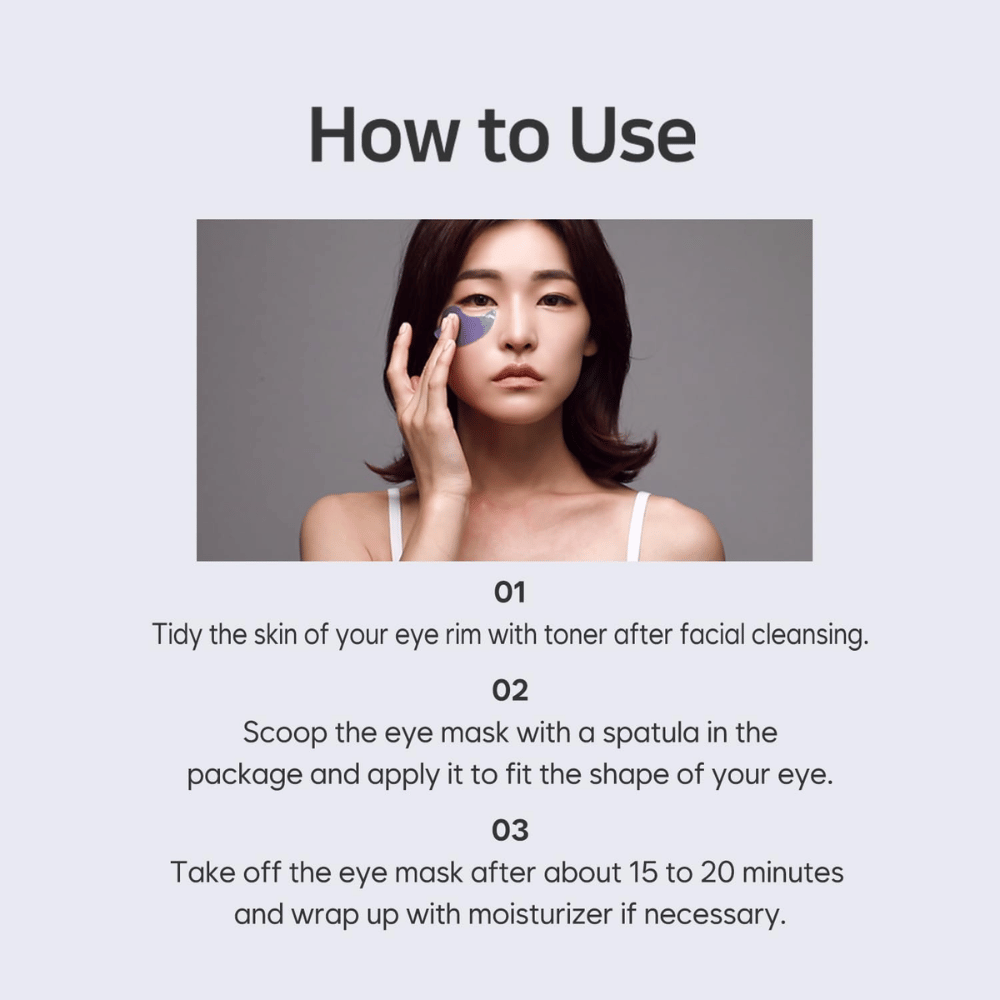 Immagine illustrativa che mostra come applicare PETITFARM Hydrogel Eye Mask dopo la detersione e tonico viso. La guida descrive passo dopo passo come utilizzare gli eye patch per un trattamento idratante e rinfrescante del contorno occhi.