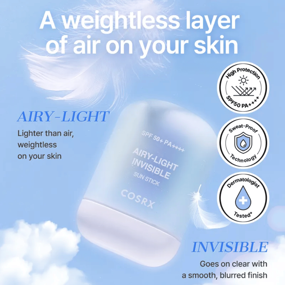 COSRX Airy-Light Invisible Sun Stick – protezione solare ultraleggera con SPF 50+ e PA++++, offre una finitura leggera e invisibile.