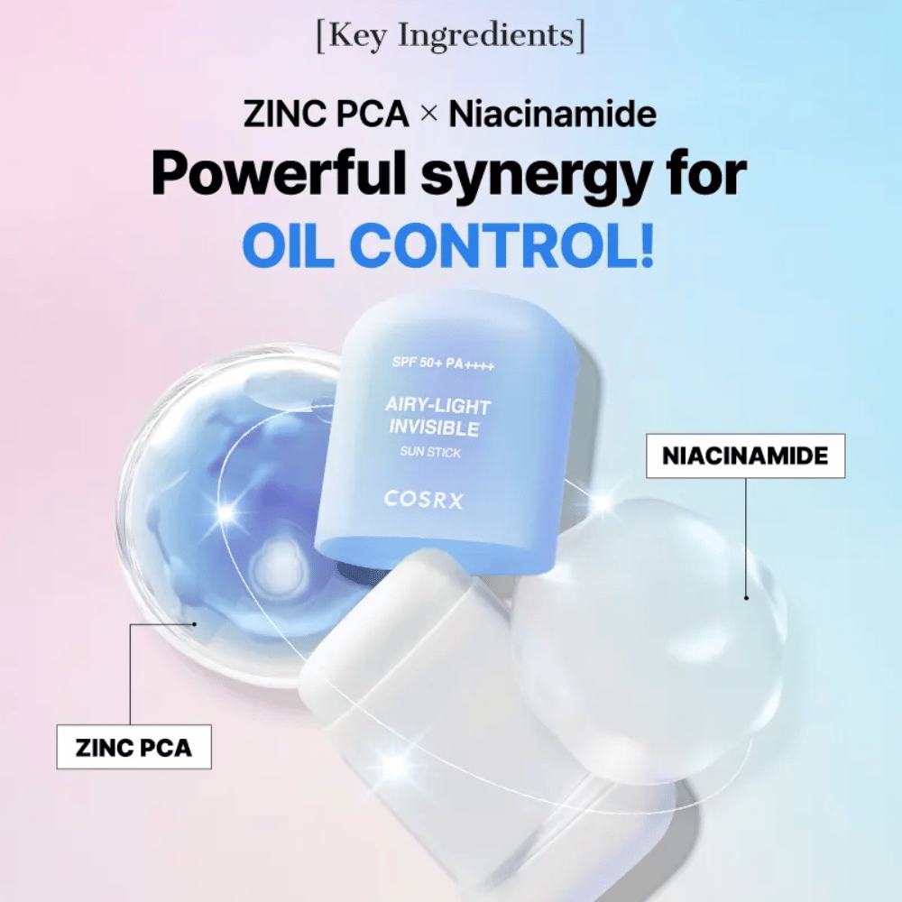 Ingredienti chiave in COSRX Airy-Light Invisible Sun Stick – Zinco PCA e Niacinamide per un efficace controllo del sebo e pelle chiara.