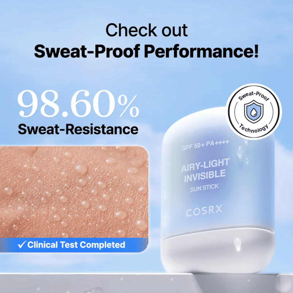 COSRX Airy-Light Invisible Sun Stick con il 98,6% di resistenza al sudore – tecnologia sweat-proof comprovata per una protezione duratura.
