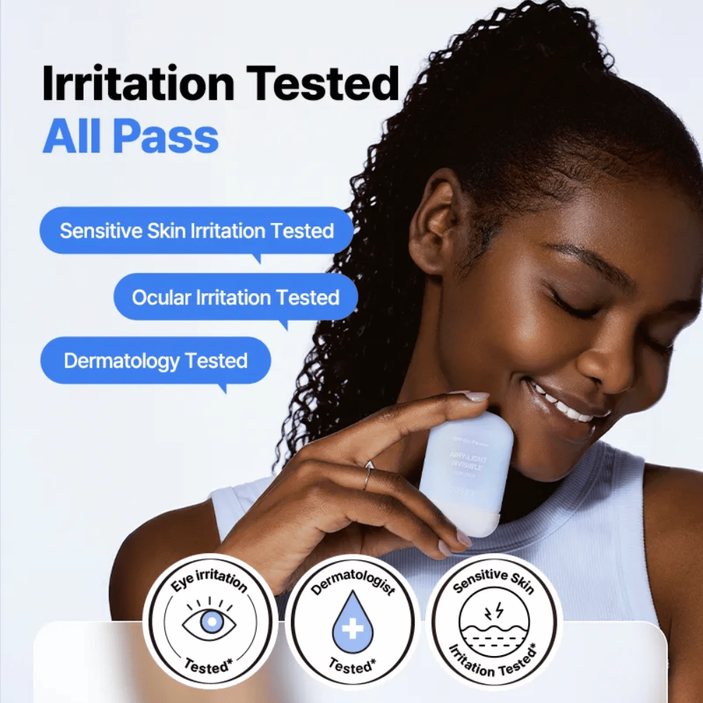 Clinicamente testato COSRX Airy-Light Invisible Sun Stick – testato per pelli sensibili, irritazione oculare e approvato dermatologicamente.