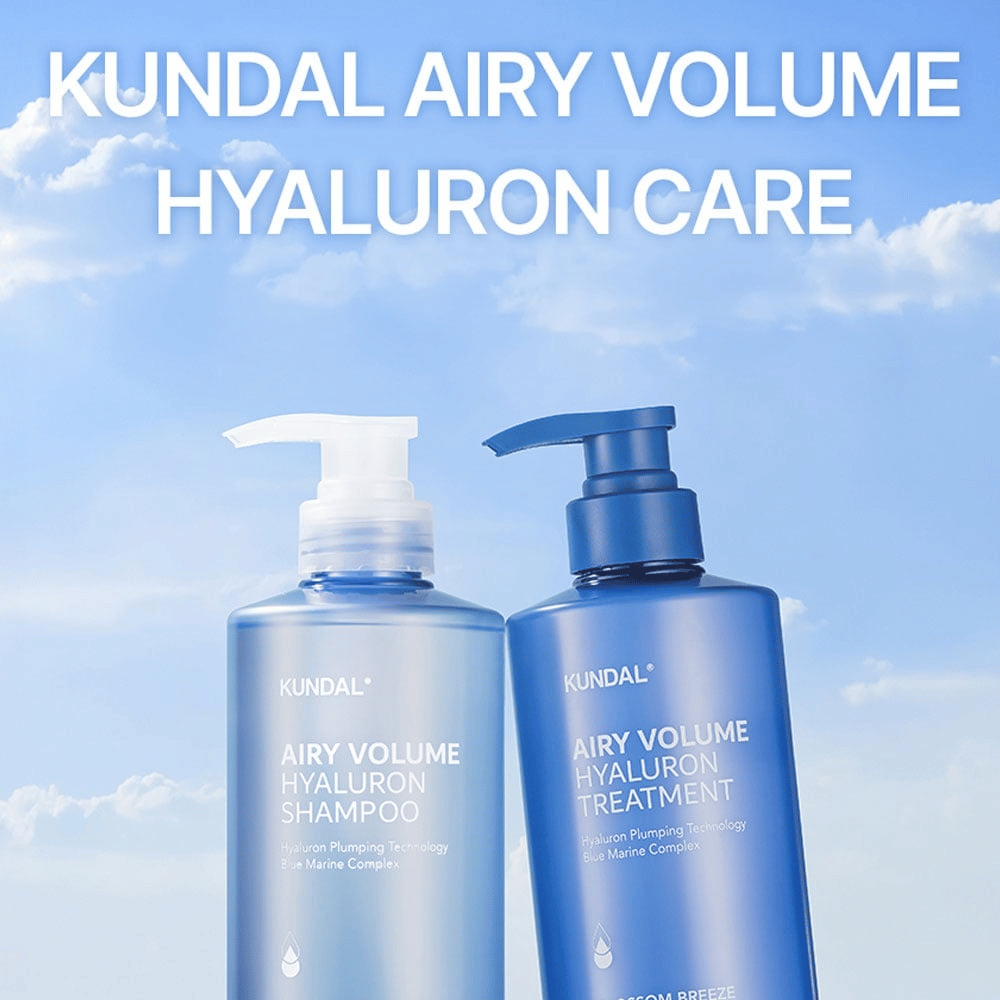 KUNDAL Airy Volume Hyaluron Shampoo e Treatment in flaconi pompa blu, cura dei capelli con acido ialuronico e Blue Marine Complex.